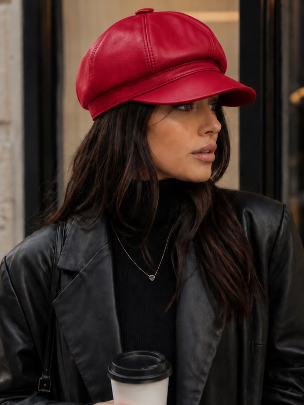 Red Genuine Lambskin Leather Newsboy Cap Women’s French Beret Hat